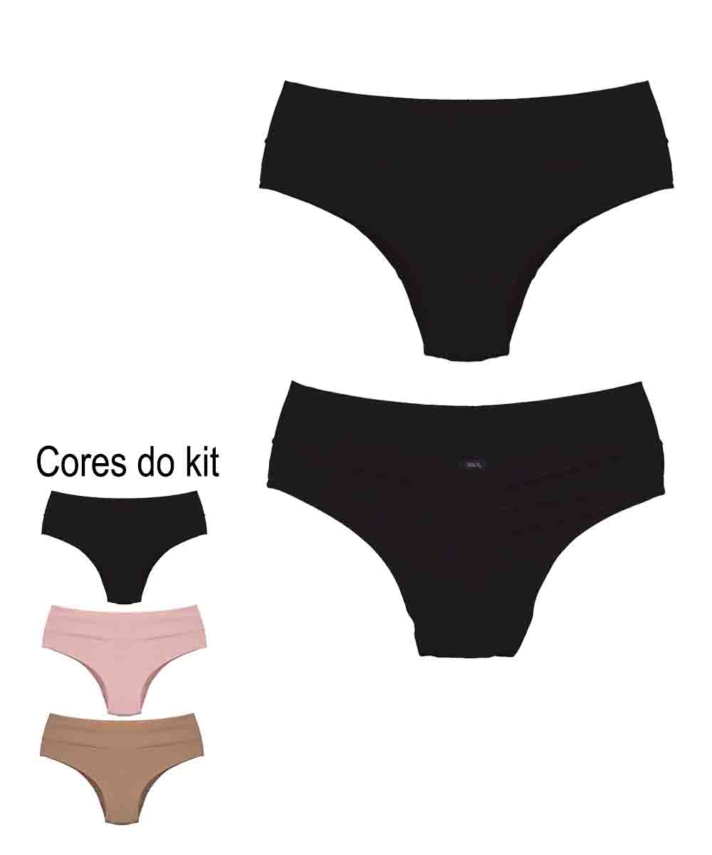 KIT 03 peças Calcinha Plus Size em microfibra cós duplo e frufru no bumbum 2Rios Lingerie